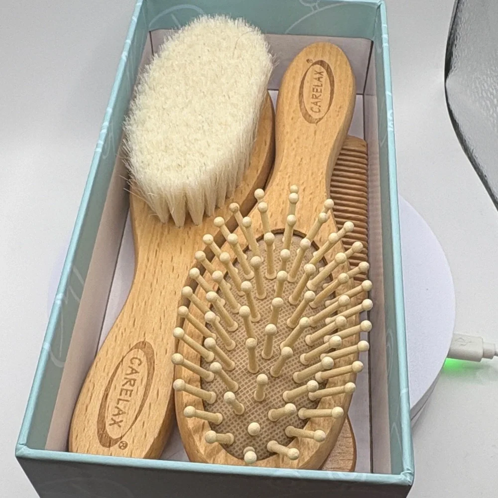 NIB Carelax 3-Piece Baby Wooden Brush & Comb Set - 100% Goat Hair Bristles